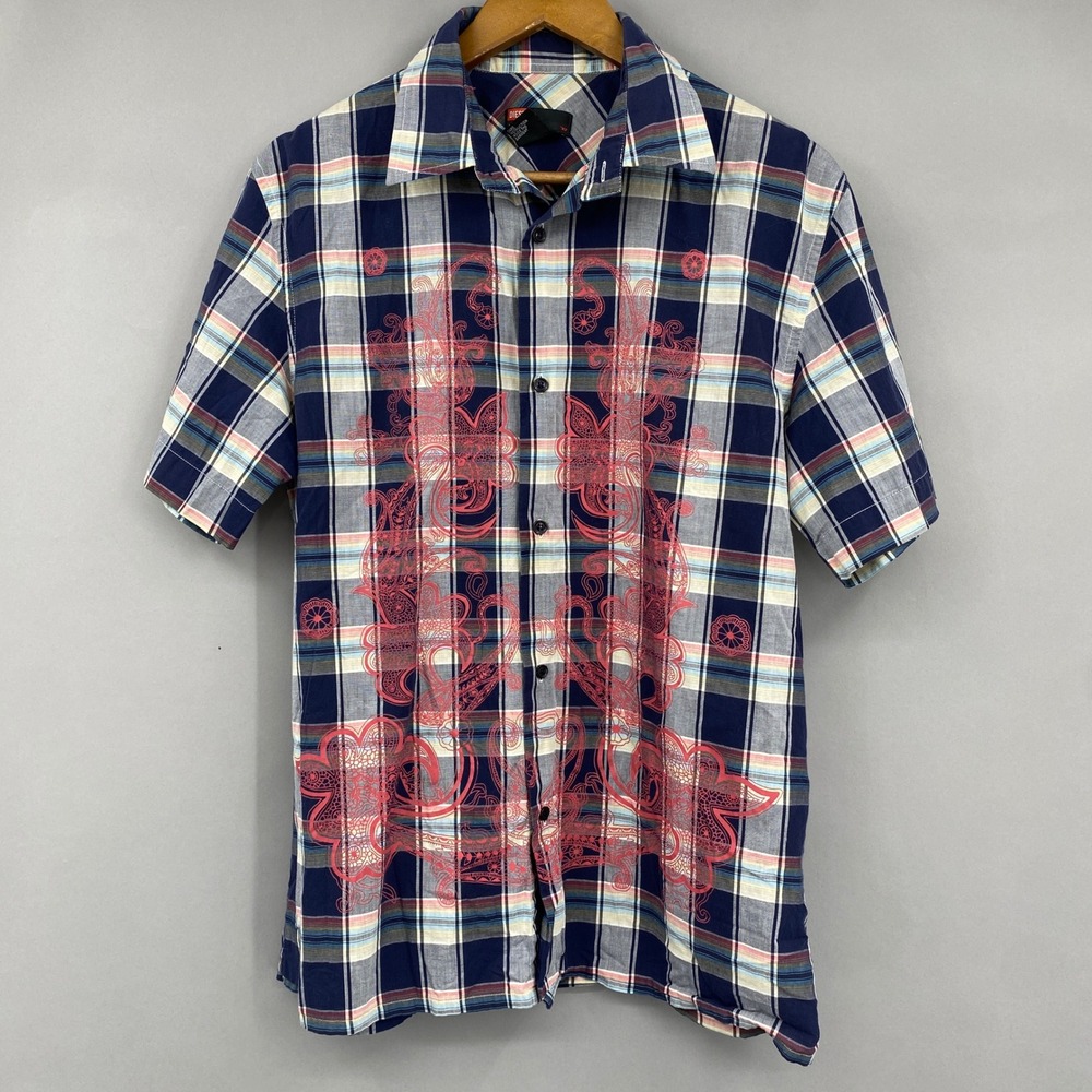 Diesel Plaid Graphic Shirt Mens Large Short Sleeve Paisley Button Up Navy Pink